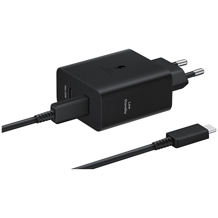 Мрежово зарядно устройство Samsung Super Fast Charger Adapter Duo 50W, 2 x USB Type-C, Кабел Type-C - Type-C (5A) включен, Черен