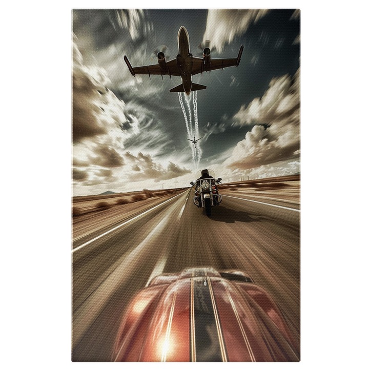 Tablou Canvas Adrenalina pe motoare puternice - Masina, motocicleta si avioane facand intrecere, Pictura Digitala 40x25CM