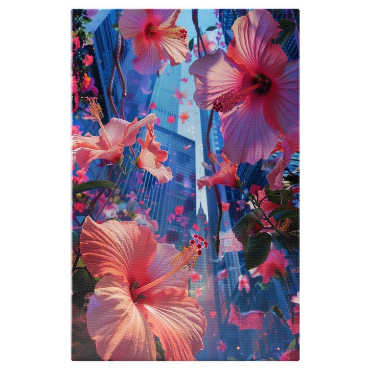 Tablou Canvas Flori roz pe fundal cu cladiri albastre - Petale roz prin oras, blocuri inalte, Pictura Digitala 40x25CM