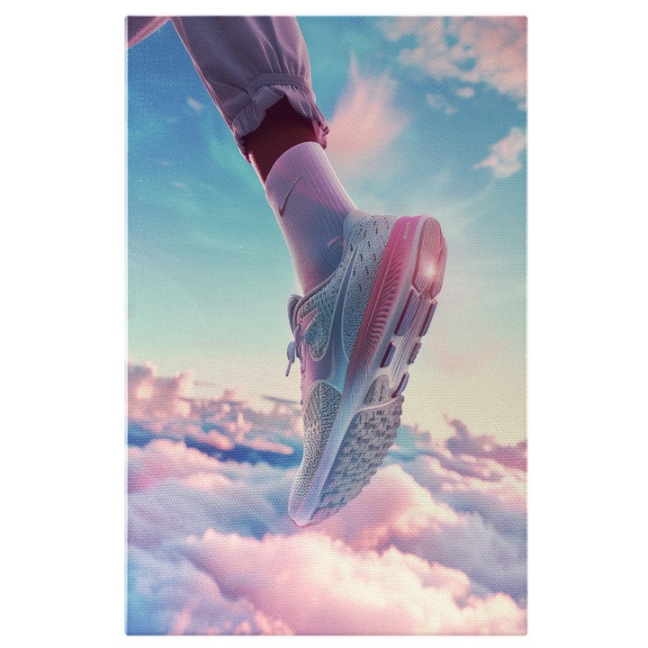 Картина на платно Женски крак, обута в бели маратонки с розово над облаците - Спорт, реклама на обувки, Дигитална картина 70x50CM