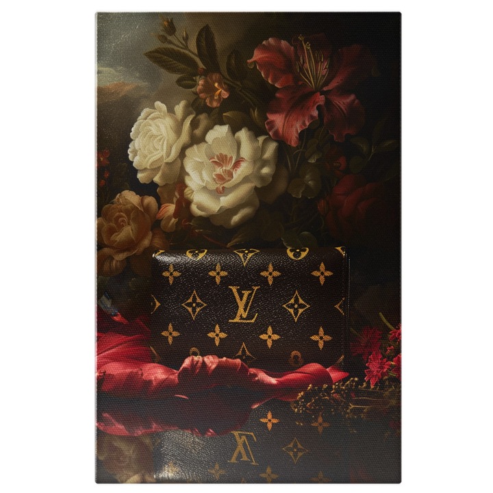 Tablou Canvas Portofel Louis Vuitton pe o esarfa rosie- Flori pictura de epoca drept background, Pictura Digitala 40x25CM