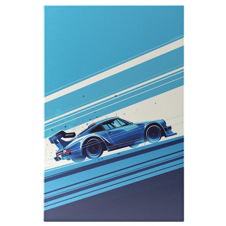 Tablou Canvas Vedere latera a unei masini albastre mergand pe linii desenate- tip comic book, Pictura Digitala 40x25CM