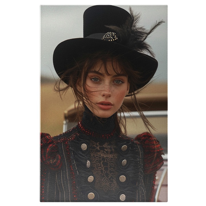 Tablou Canvas Joben negru purtat de un model feminin in rochie neagra- Sclipici rosu si pene negre, Pictura Digitala 70x50CM