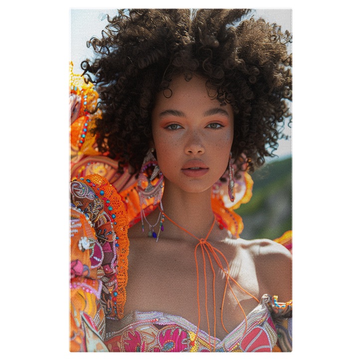 Tablou Canvas Model feminin cu parul cret ce poarta o rochie colorata tip evantai - moda si raze de soare, Pictura Digitala 70x50CM