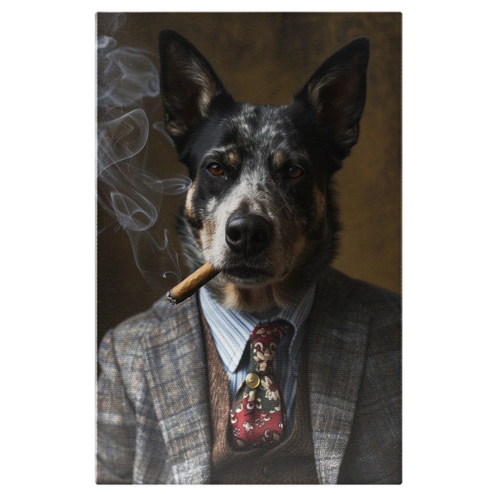 Tablou Canvas Caine Australian Cattle Fumeaza un Trabuc in Stil Mafia Mob in Costum, Pictura Digitala 70x50CM