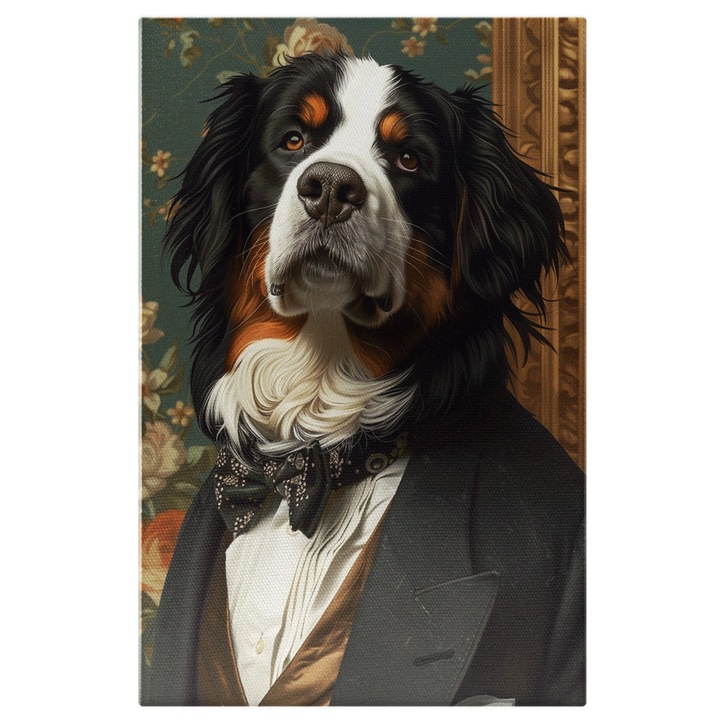 Tablou Canvas Cainele de Munte Bernese Imbracat in Costum Stilat cu Papion Sta la Poza, Pictura Digitala 40x25CM