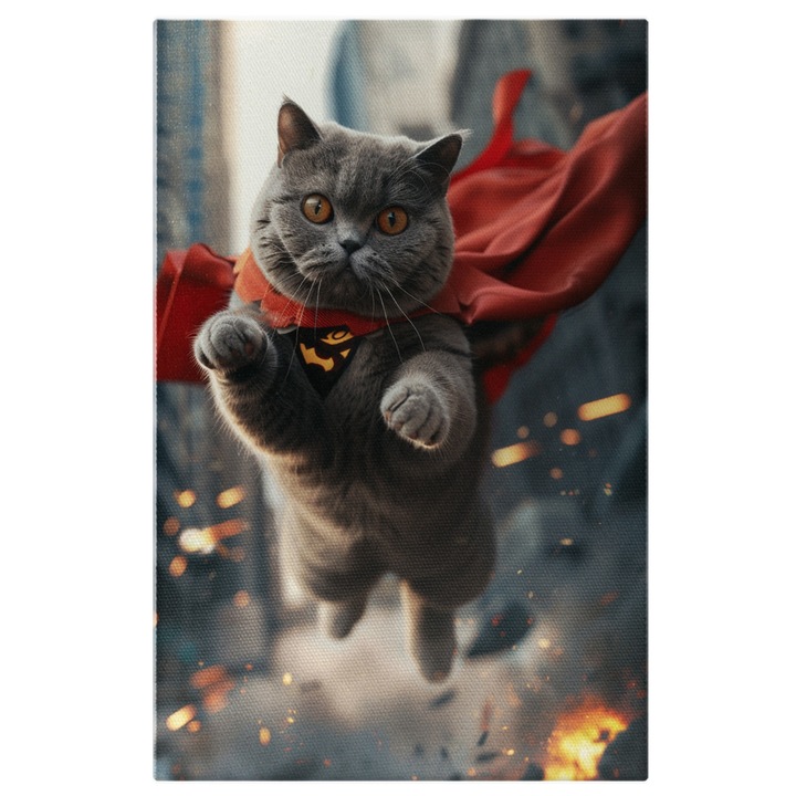 Tablou Canvas Poster de Film cu Pisica British Shorthair ce Zboara in Matia lui SuperMan, Pictura Digitala 40x25CM