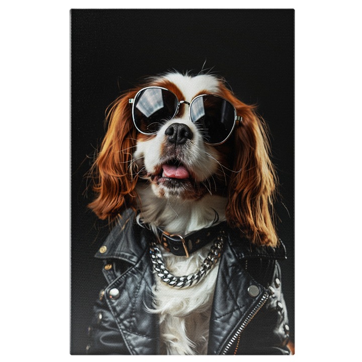 Картина на платно Щастието на рокера Кавалер Кинг Чарлз шпаньол в черно кожено яке, дигитална картина 40x25CM