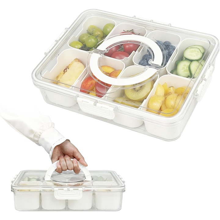 Tava impartita pentru servirea gustarilor cu maner si capac, 8 compartimente, Yvttve