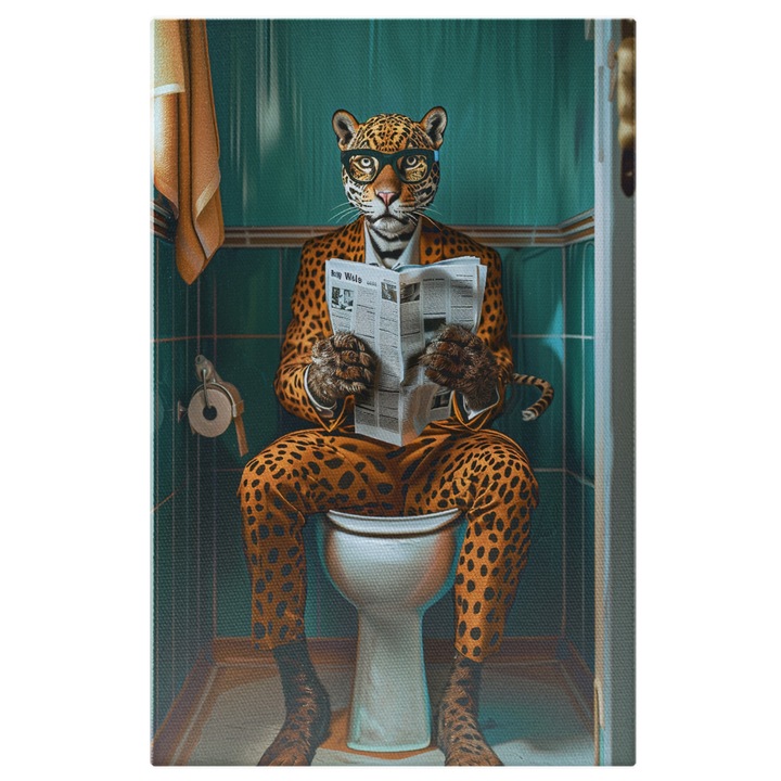 Tablou Canvas Jaguarul Jurnalist Citeste Stirile din Ziar in Baie Interese Urbane, Pictura Digitala 40x25CM