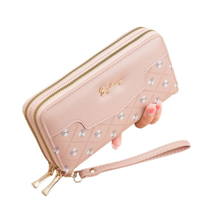 Portofel de dama, piele ecologica, imprimeu si metal, roz