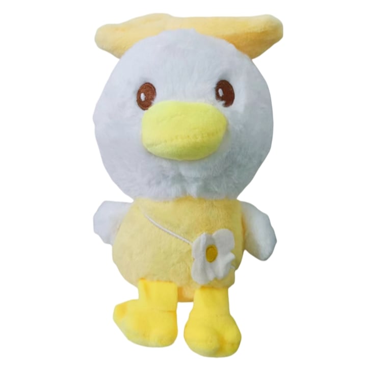 Jucarie de plus, ratusca galbena cu rucsac de flori, dragut, 100% fibra de poliester, 22X15X12 cm, suport pentru a juca cu masina de clip papusa