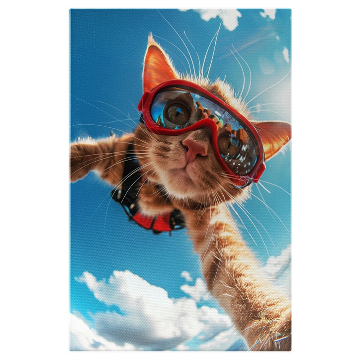 Tablou Canvas Parasutistul Pisica Manx Zbor din Avion Cu Parasuta si Ochelari de Protectie, Pictura Digitala 60x40CM