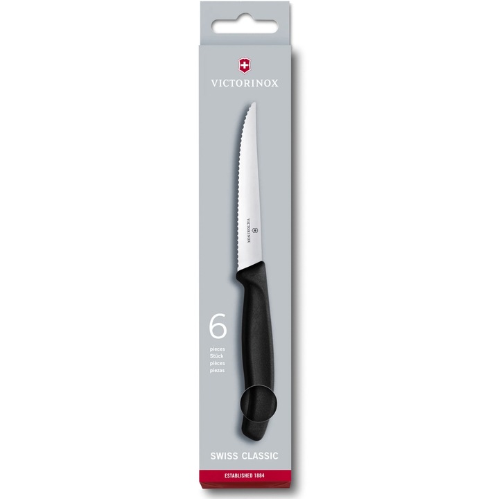Set 6 cutite pentru friptura si pizza Victorinox Swiss Classic, lama zimtata 11 cm, manere negre plastic