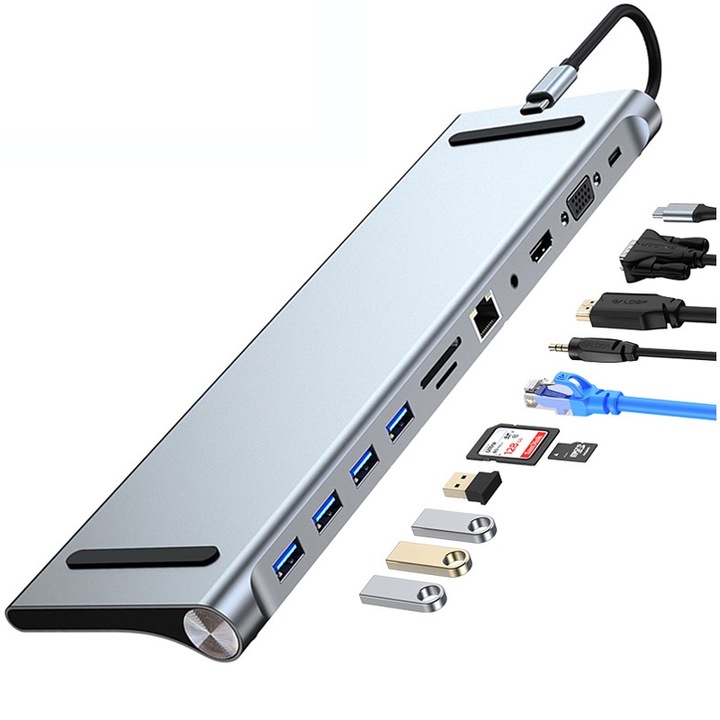 Хъб адаптер Multiport 12 в 1 USB-C 3.1 към 2x HDMI 4K / VGA / LAN RJ45 (100 MB/S) / USB 3.0 / 2x USB 2.0 / USB Type-C / жак Audio / PD порт 100W / TF SD четец на карти, Докинг станция за лаптоп, sundiguer, сив