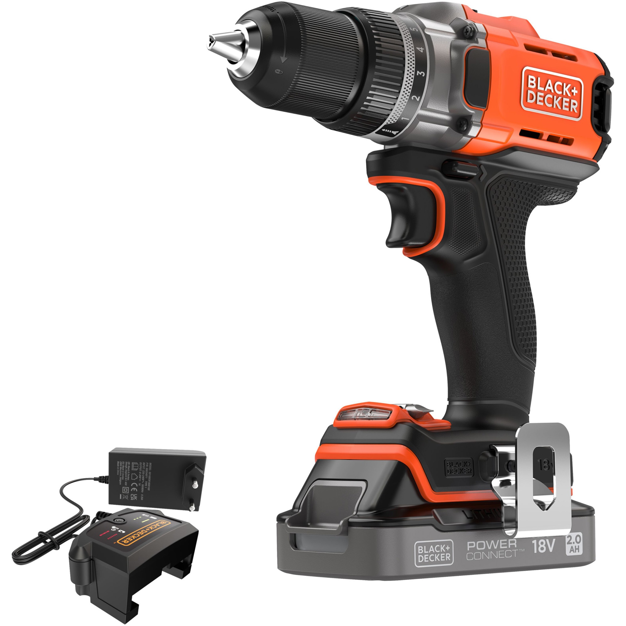 Masina compacta de gaurit si insurubat (bormasina) pe acumulator Black & Decker BCD382D1XC, 18 V, 1550 RPM, cuplu 45 Nm, 13 mm mandrina, 1 acumulator 2 Ah, incarcator, agatatoare c