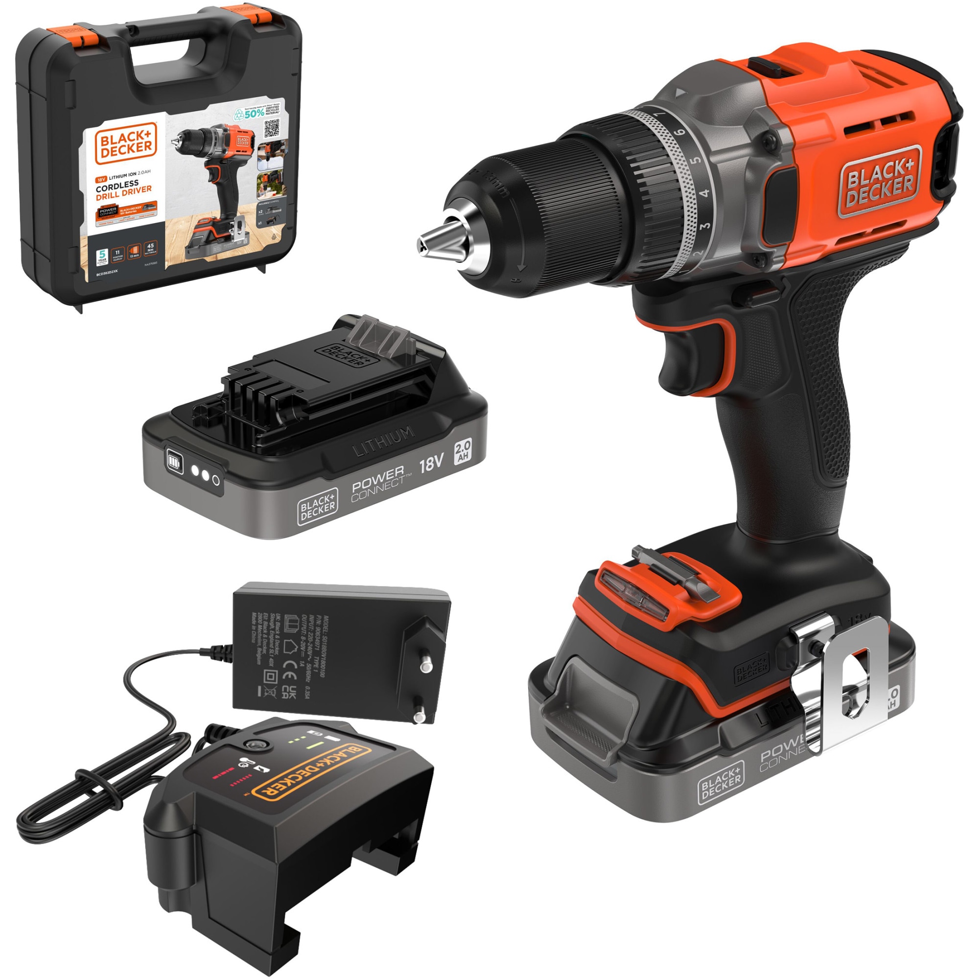 Masina compacta de gaurit si insurubat (bormasina) pe acumulator Black & Decker BCD382D2XK, 18 V, 1550 RPM, cuplu 45 Nm, 13 mm mandrina, 2 acumulatori 2 Ah, incarcator, agatatoare