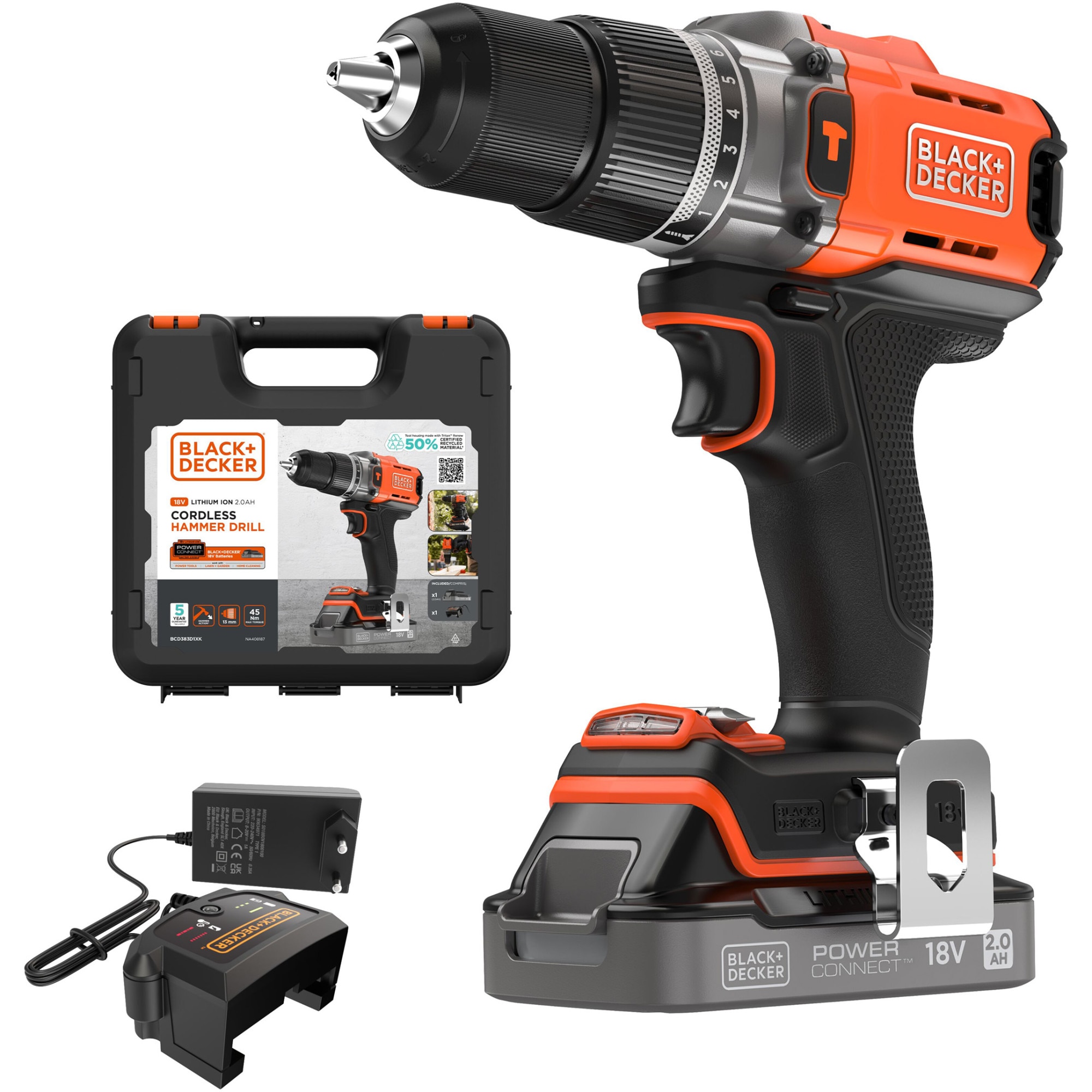 Masina compacta de gaurit si insurubat cu percutie (bormasina) pe acumulator Black & Decker BCD383D1XK, 18 V, 1550 RPM, cuplu 45 Nm, 13 mm mandrina, 1 acumulator 2 Ah, incarcator,