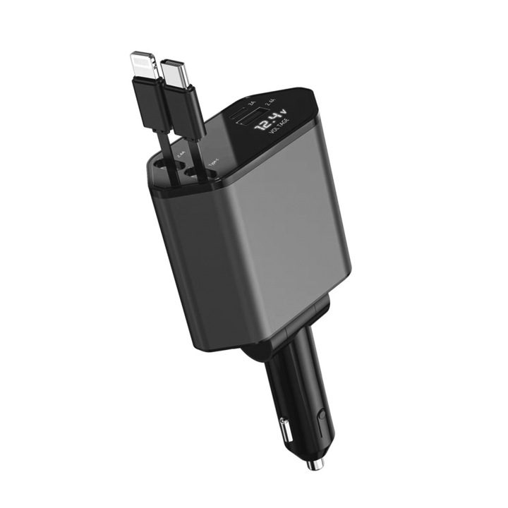 Autós töltő 100 W szupergyors töltés, Type-C + Lightning visszahúzható kábel, USB csatlakozó, USB-C, LED kijelző, univerzális, kompatibilis a következővel: iPhone, Samsung, Huawei, Show wish®