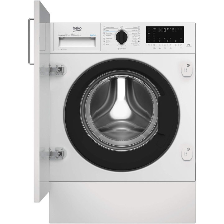 Пералня за вграждане Beko BI5WBT691415W, 9 кг, 1400 оборота/минута, SteamCure, Motor ProSmart Inverter, AddXtra, Hygiene+Steam, Silent Tech, SteamCure, Recycled Tub, Homewhiz чрез WiFi, Клас A, LED Display, Бял