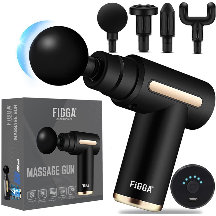 Aparat Masaj Profesional FiGGA®, Tip Pistol, Acumulator 2800mAh, 1800-3200 rpm, 4 capete, pentru Gat, Spate, Maini, Picioare, Anti Celulita, Motor Silentios, Negru