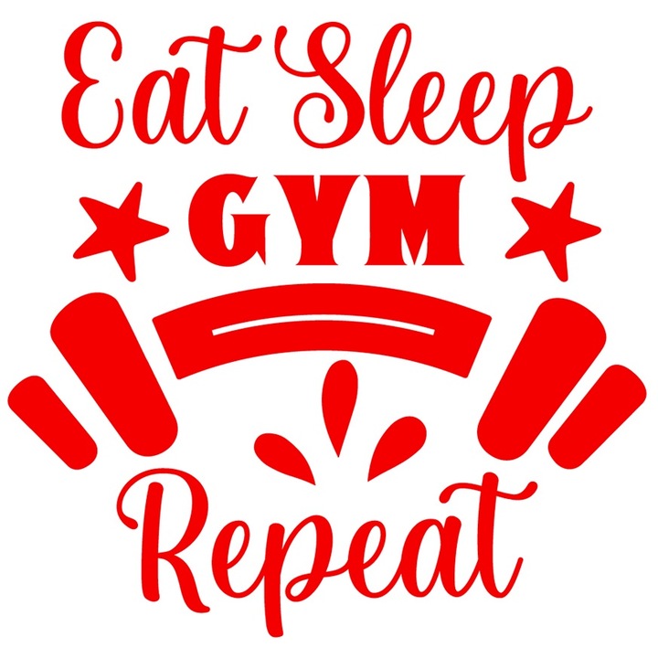 Sticker Exterior cu stelute si haltera cu textul "Eat sleep, gym, repeat" - mananca somn sala repeta sport, Vinyl Rosu, 25 cm