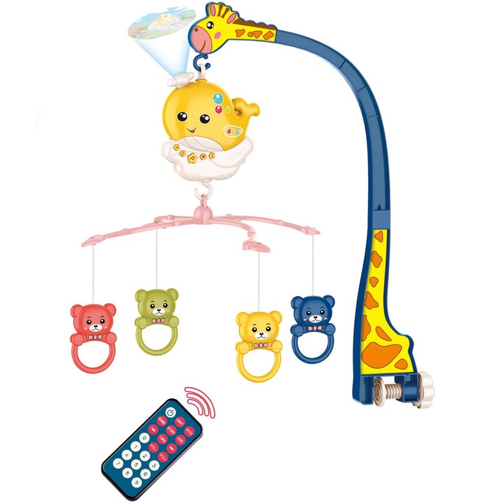 Въртележка за бебешка кошара Mappy Giraffe, С проектор, звуци и дистанционно управление