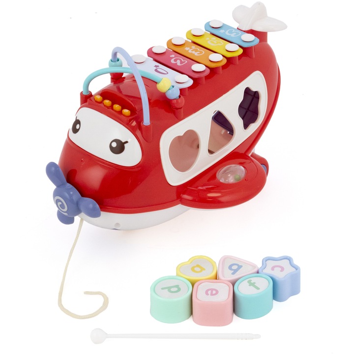 Jucarie interactiva Mappy Avionul cu activitati, xilofon si piese de sortare, rosu