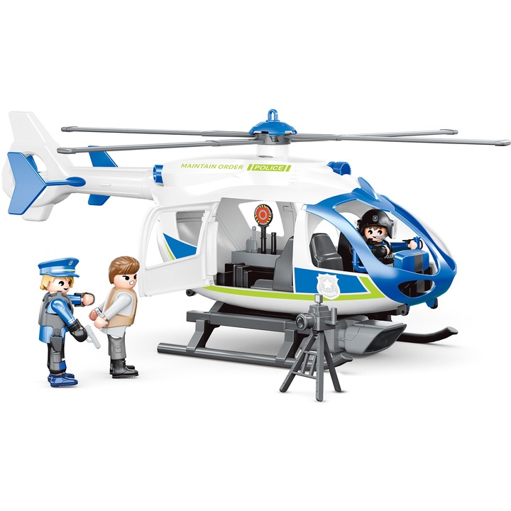 Set elicopter politie, Mappy - Power Planet, cu lumini sunete, figurine si accesorii, alb / albastru