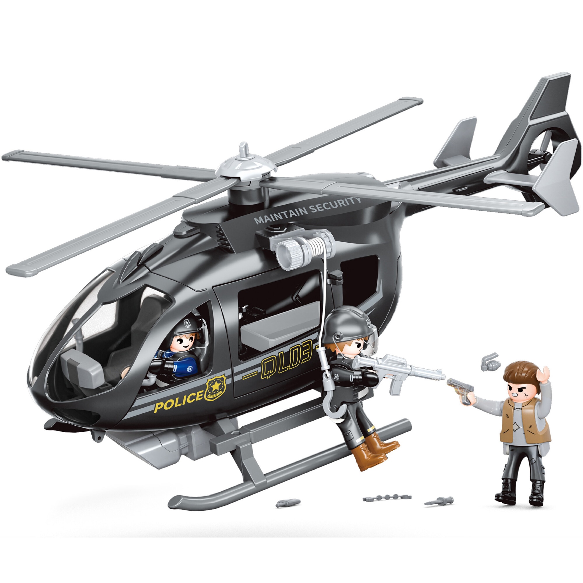 Set elicopter politie, Mappy - Power Planet, cu lumini sunete, figurine si accesorii, negru