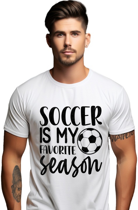 Tricou Barbati cu minge pentru iubitorii de fotbal cu mesajul "Soccer is my favorite season" cu imprimeu pe Fata, 100% Bumbac, Alb, XL