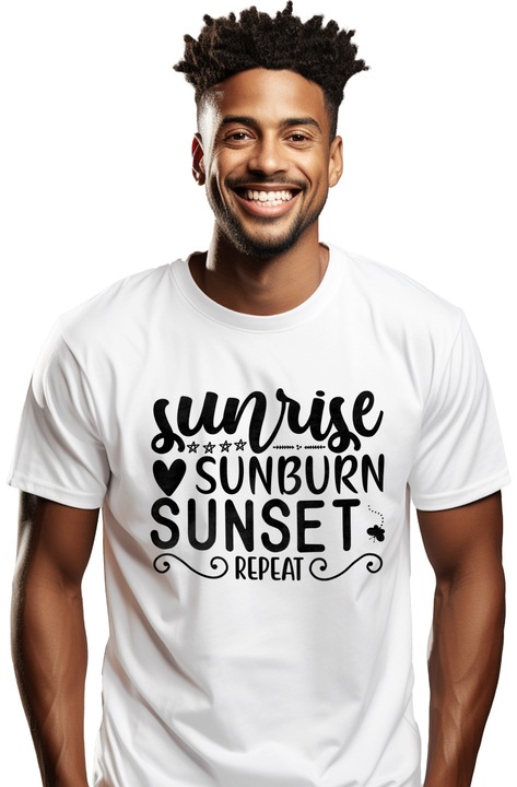 Férfi póló angol nyelvű "Sunrise, sunburn, sunset, ismétlés" felirattal - sunrise sunset elöl mintás, 100% pamut, fehér, XS