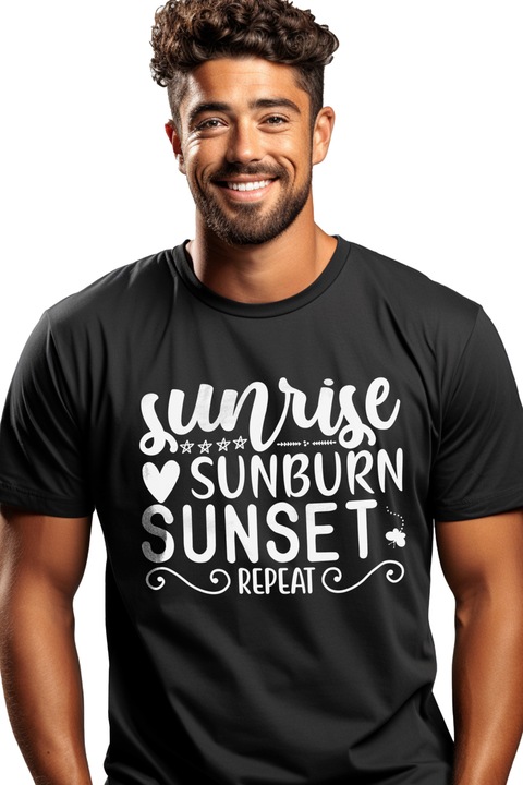 Férfi póló angol nyelvű "Sunrise, sunburn, sunset, repeat" felirattal - sunrise sunset elöl mintás, 100% pamut, fekete, S