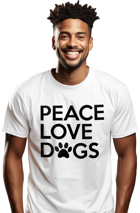 Мъжка тениска за любители на кучета с надпис "Peace, love, dogs" - Peace love dogs с щампа на лицето, 100% Памук, Бяла, L