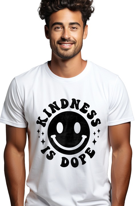 Tricou Barbati cu un emoji zambitor si mesajul "Kindness is dope" - bunatatea e marfa cu imprimeu pe Fata, 100% Bumbac, Alb, S