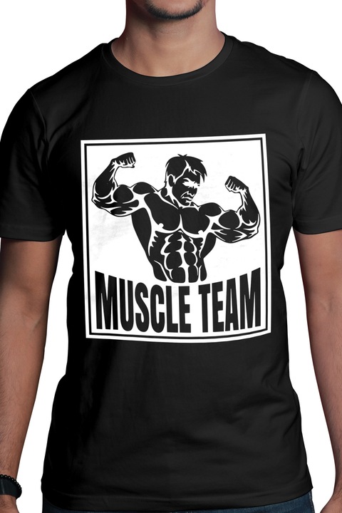 Мъжка тениска с бодибилдър и надпис "Muscle team" - мускулен екип с щампа на лицето, 100% памук, черен, XL