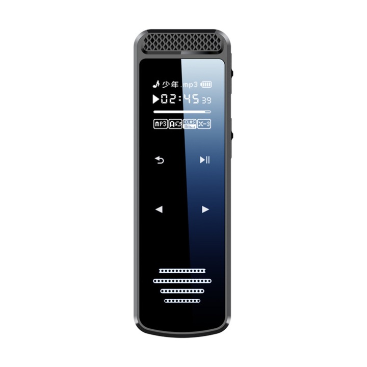 Многофункционален диктофон с гласово активиране, Recman Q55, С 16 GB памет, Лесен за носене, Функция за запис с таймер, За лекции, речи, интервюта, срещи, групови дискусии, Цинкова сплав, 8,5x2,7x1,1 cm, Черен