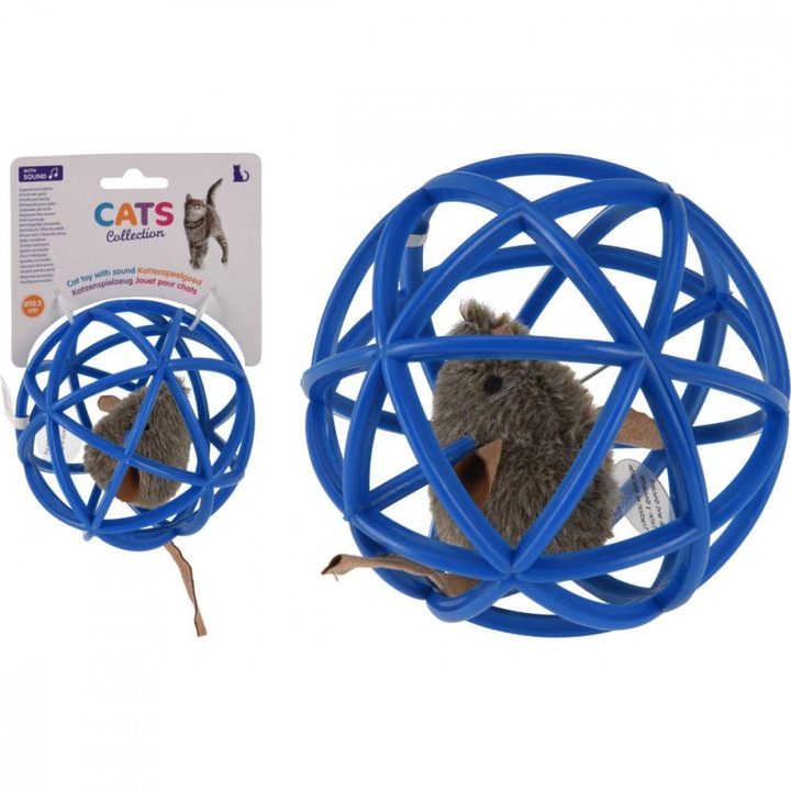 Jucarie pentru pisici, minge cu soricel, 10.5 cm