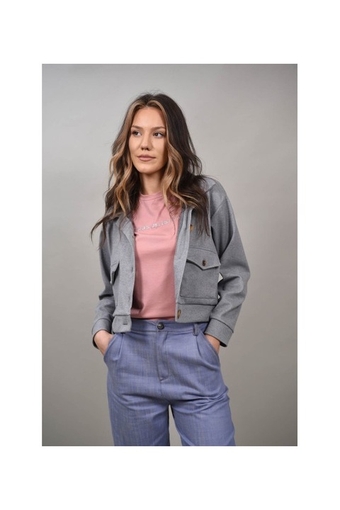 Късо меко яке с джобове с елза апликации, Сив, One Size