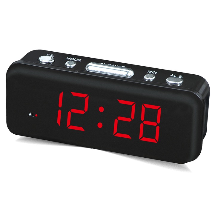 Ceas Digital Retoo VST-738 cu Afisaj LED Rosu si Alarma cu Functie de Amanare, Alimentat de la Retea, Negru