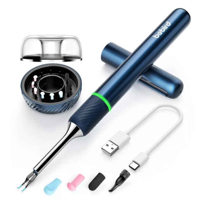 Aparat curatare urechi, POKKOSCOPE™ NOTE5, WIFI, Camera HD, control inteligent temperatura, kit 8 accesorii, LED, albastru