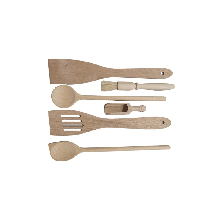 Set 7 piese, Ustensile din lemn de Bambus pentru bucatarie cu saculet de transport, Bej