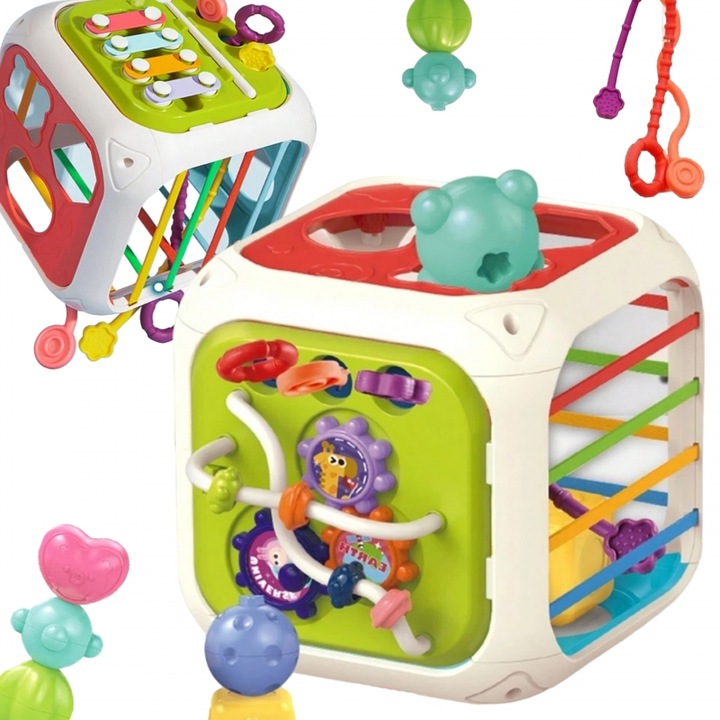 Cub Educativ si Senzorial, cu Activitati Montessori, 7in1, CuriousBaby, Include Sortator de Forme, Snur de tragere, cu Xilofon si Labirint de Margele, Promoveaza Explorarea Tactila, Dezvolta Functiile Motorii