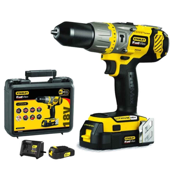 Masina de gaurit si insurubat cu percutie si acumulator Li-Ion Stanley FatMax FMC620LB, 18 V, 1.5 Ah, 1500 RPM, 2 Trepte, 48 Nm