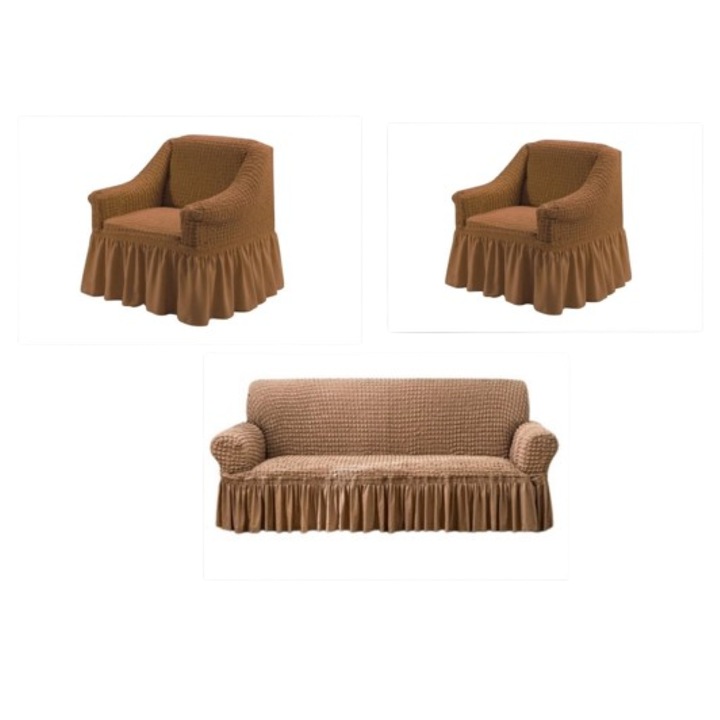 Set 3 Huse, 2 fotolii si canapea 3 locuri, Creponat cu Volanase, Poliester cu Licra, Maro Deschis
