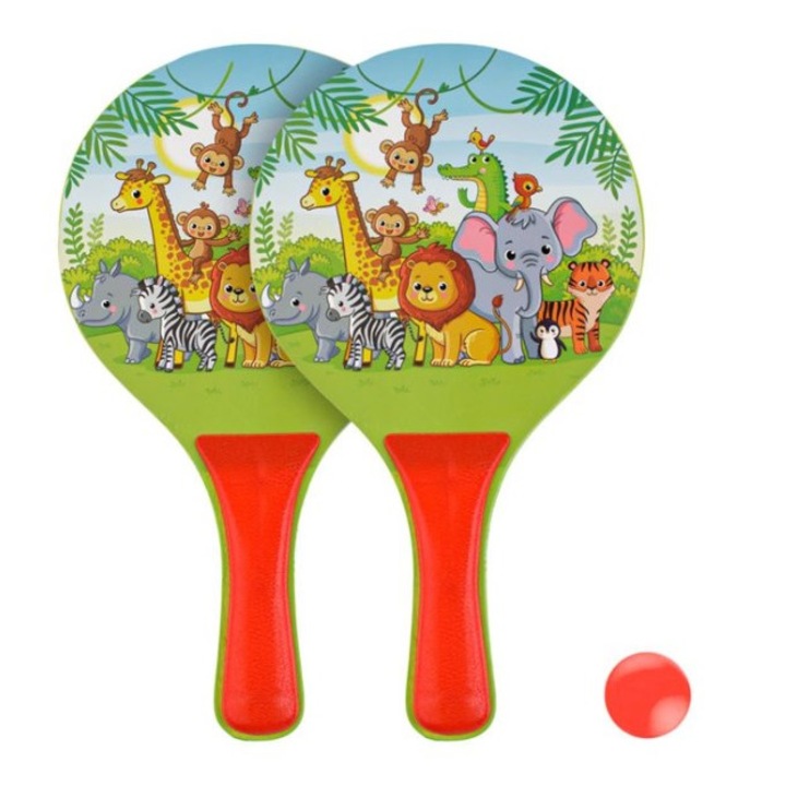 Gyerek fa ütő szett, 2 db-os labdával, dzsungel állatokkal