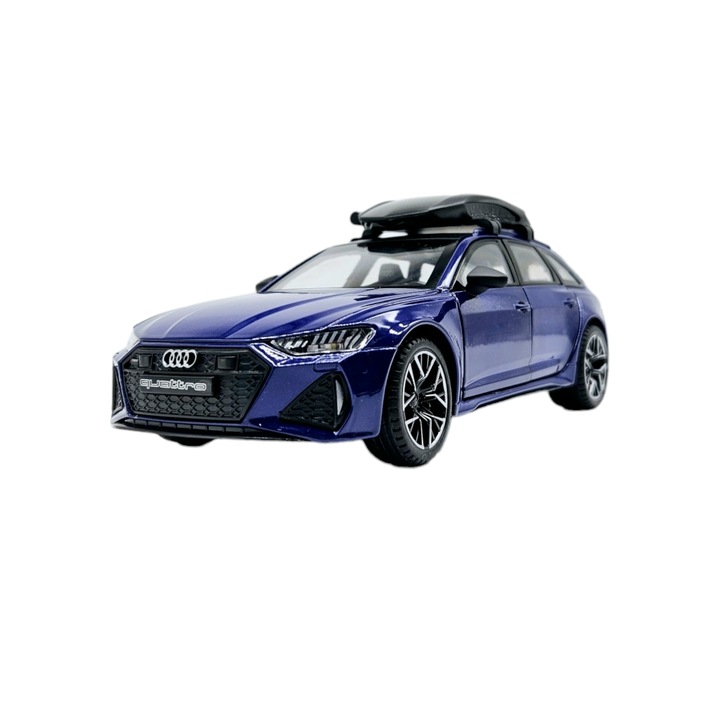 Masina metalica tip Audi RS7 cu portbagaj mobil, Sunete realistice, Farurile si stopurile lumineaza, Usile, capota si portbagajul se deschid, Baterii incluse, 21cm, Albastru