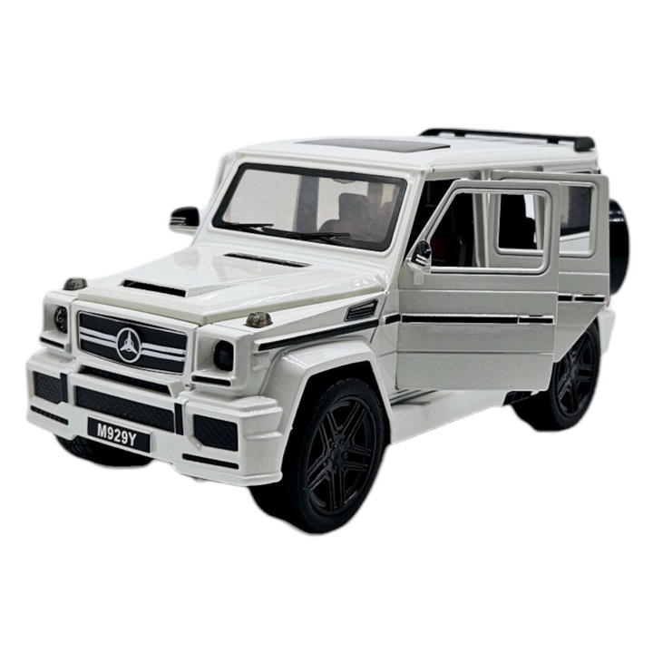 Кола Mercedes G-Class G65, 3 реалистични звука, Фарове светят, Врати, капак и багажник отворени, Батериите са включени, Метална, 21 см, Бял