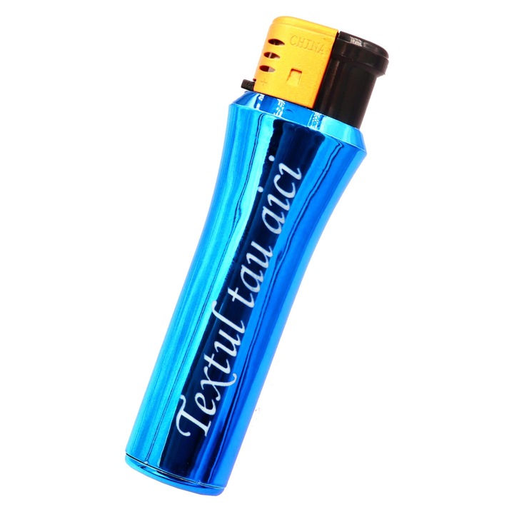 Bricheta cu gaz, personalizata cu textul tau, antivant, reincarcabila, albastru, 9 cm, Dalimag