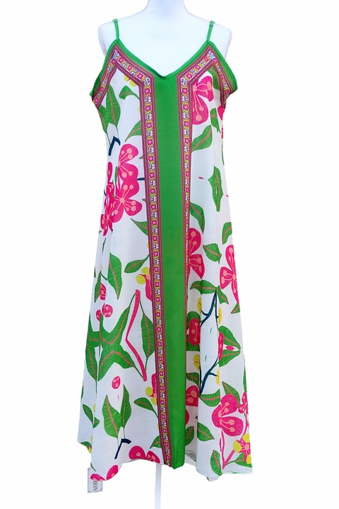Rochie lunga de vara cu bretelute, din vascoza si bumbac, cu imprimeu floral verde roz pe fond alb, talie unica